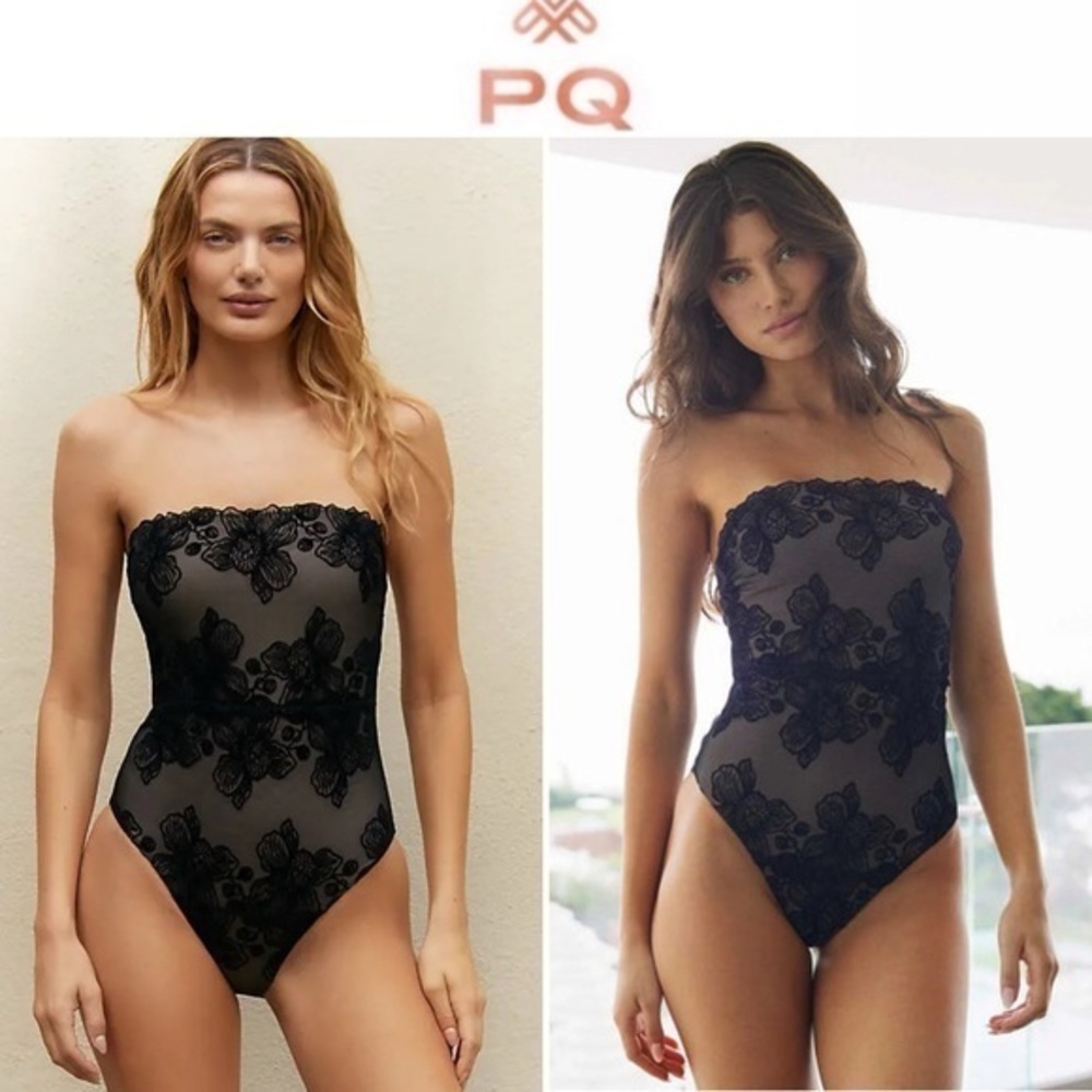 PQ Swim Eclipse Strapless Black Lace One Piece Swimsuit Sz S 164$